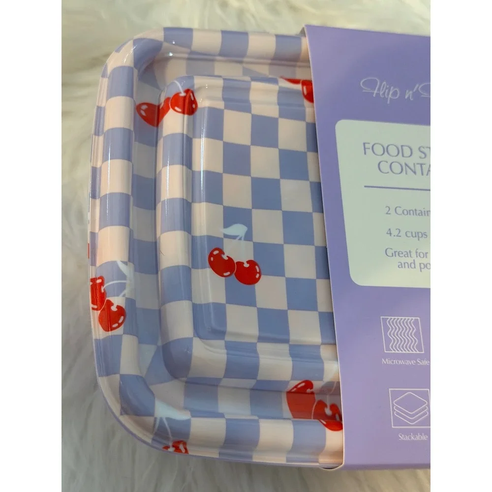 Gossi Flip n Fresh Food Storage Containers 4pc Set Blue Checkered Cherry Pattern